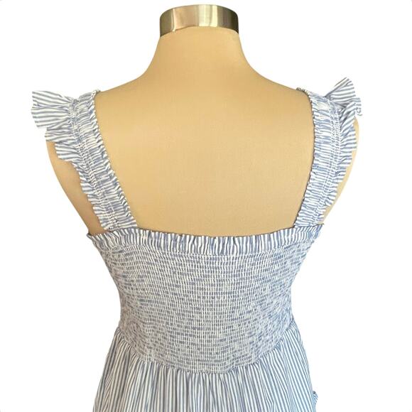 J Crew Blue White Stripe Smocked Tiered Midi Dress Size M Coastal Sundress Beach - Picture 6 of 10